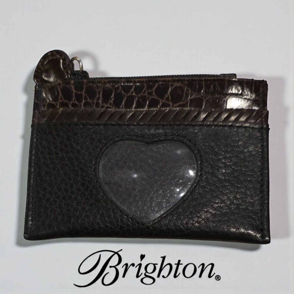 Brighton Black & Brown Pebbled Leather Heart ID Mini Coin Wallet
